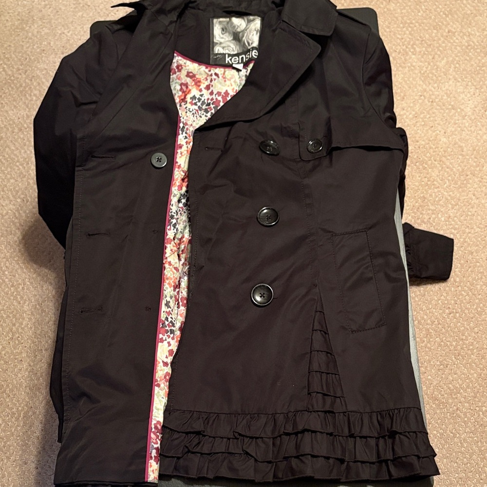 Kensie Black Trench Coat with Floral Lining and Ruffle Accent - Size XL